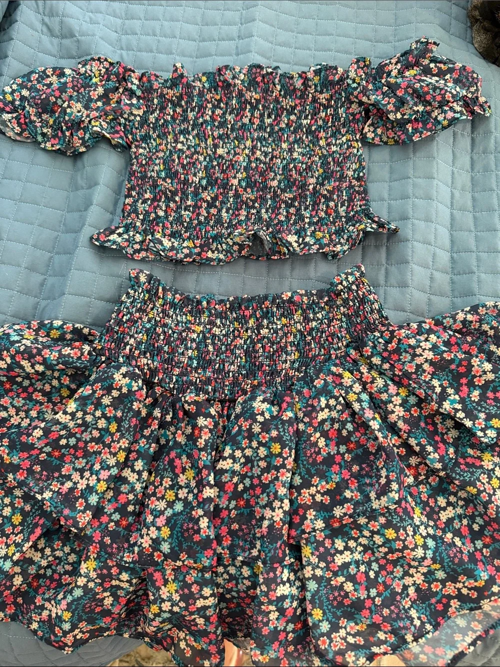 Tweenstyle Navy Multicolor Floral Smocked Two-Piece Set